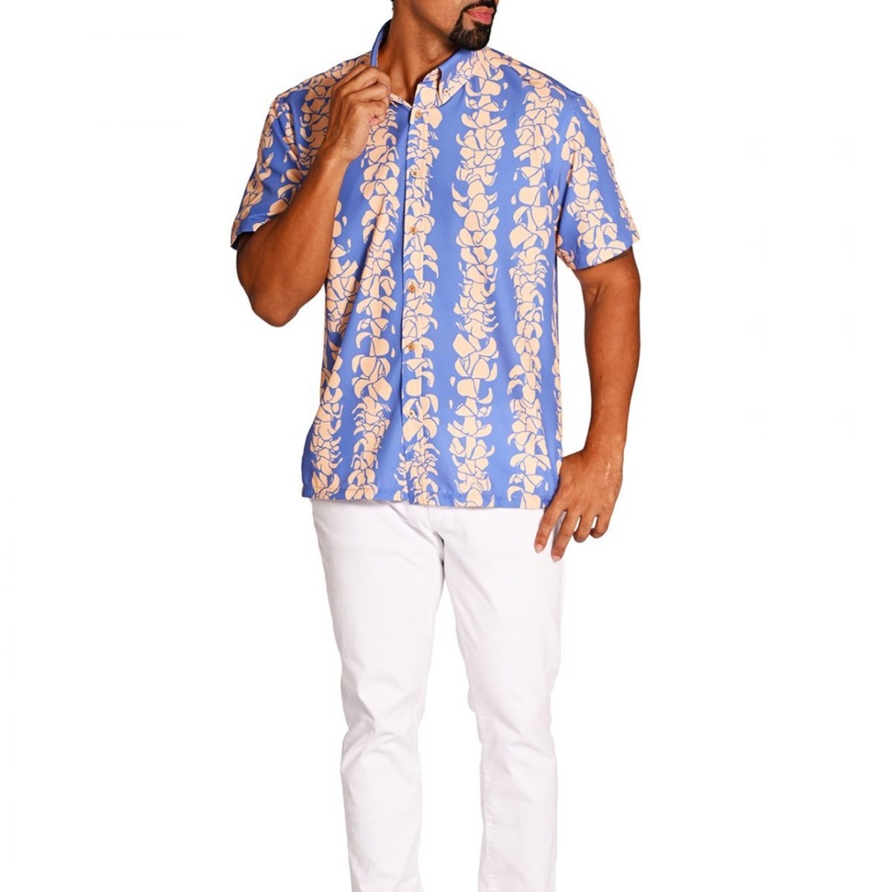 Men's Blue and Cream Patterned Shirt Size Large